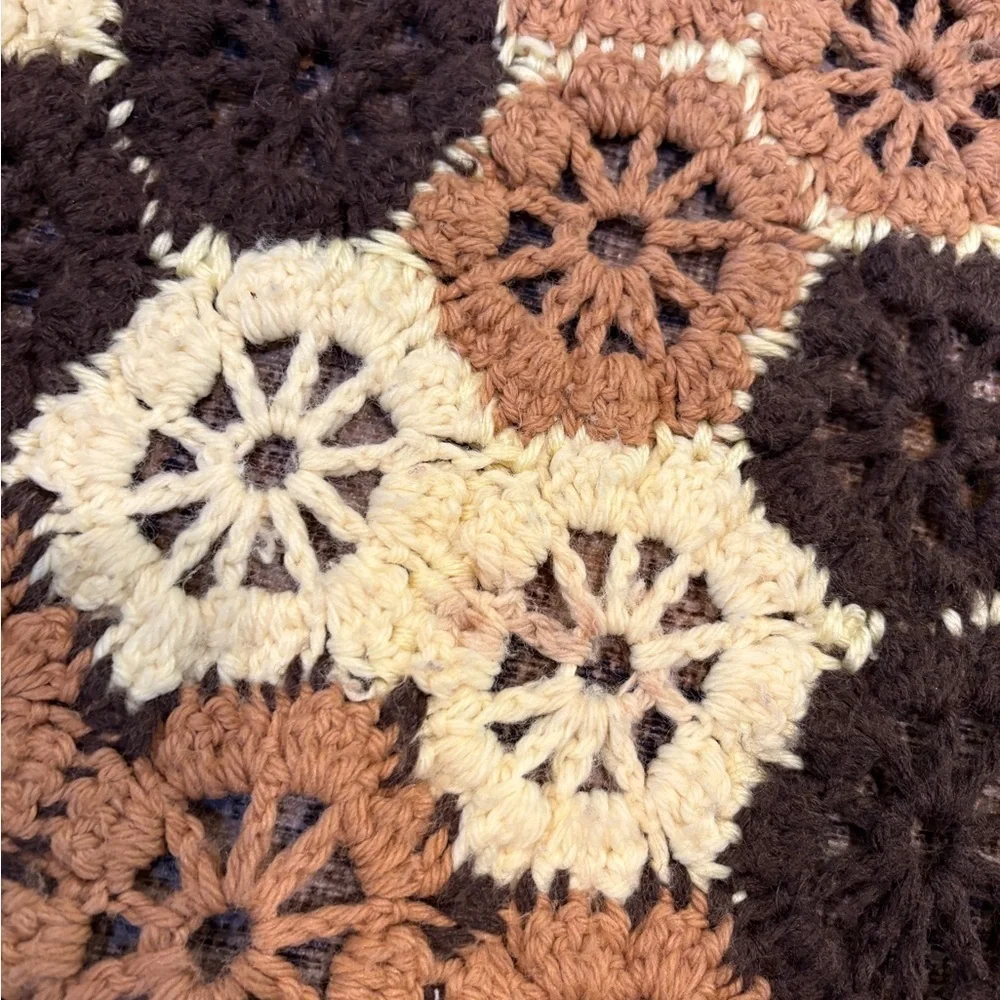 Handmade Hexagonal Crochet Blanket Brown Tan Cream